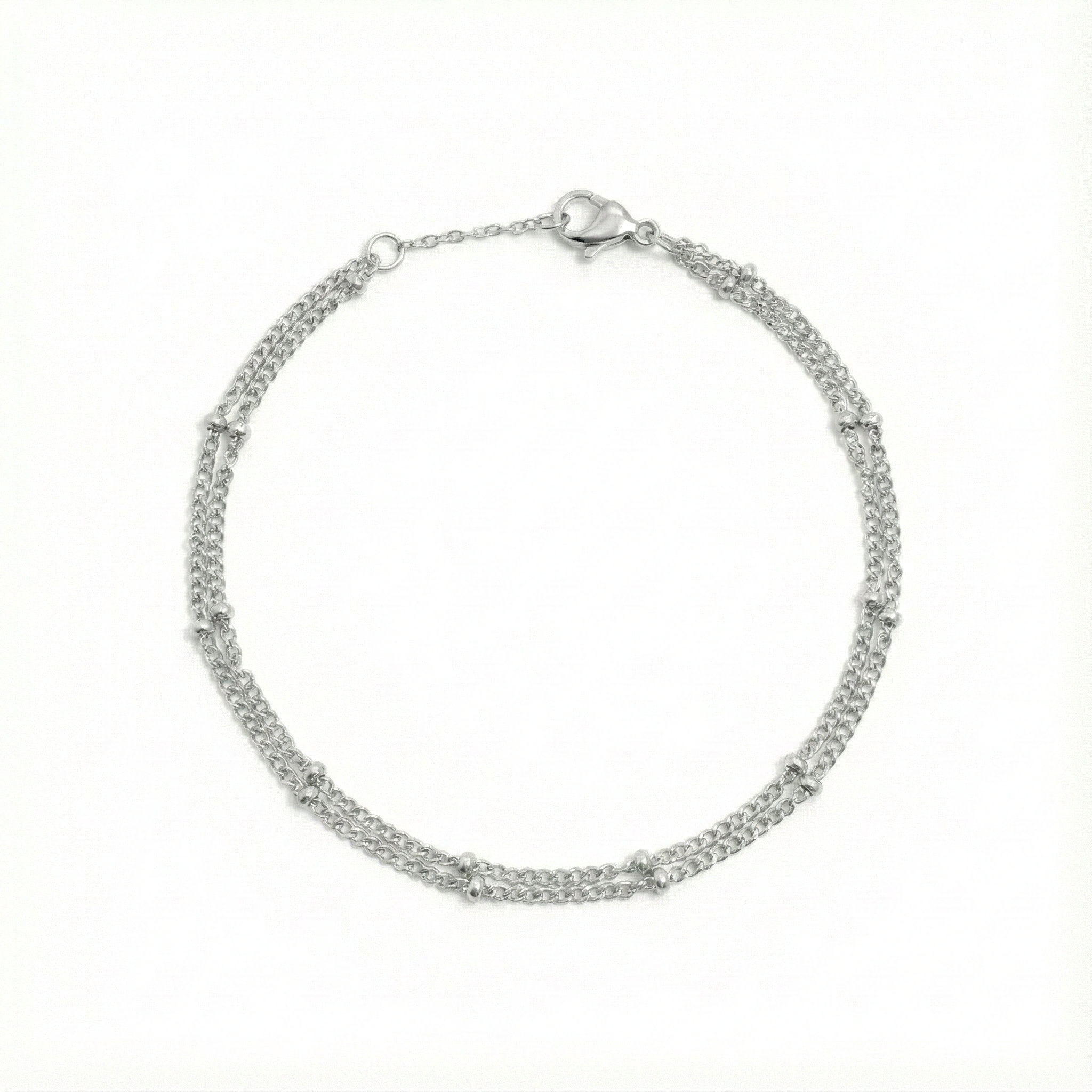 Bracelet double chaîne perlée argentée en acier inoxydable